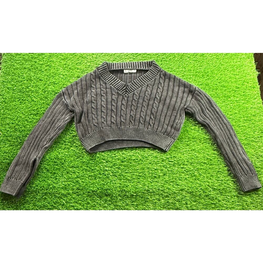 Madden NYC Womens Cropped Cable Knit V-Neck Sweater Gray Ribbed 100% Cotton Sz L